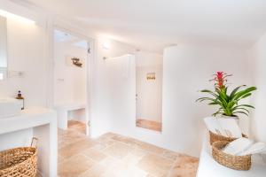 a bathroom with white walls and a toilet and a plant at byaz selimiye in Selimiye