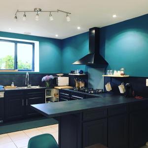 a kitchen with black cabinets and a blue wall at Domaine des Pins in Cast