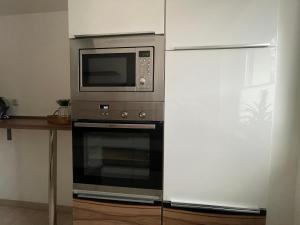 a microwave and a refrigerator in a kitchen at Modernes Business Apartment für Geschäftsreisende, Monteure, Handwerker in Burgneudorf