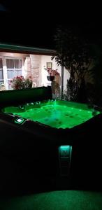 een pooltafel met groene verlichting in een achtertuin bij La CRAPOUNETTE in Pierry