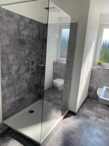 une salle de bain avec une douche en verre et des toilettes dans l'établissement Helle moderne Ferienwohnung, Nähe Koblenz am Rhein, à Weitersburg 7 autres photos