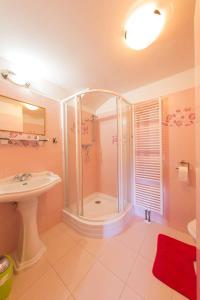 uma casa de banho com um chuveiro e um lavatório. em Penzion U Zlomené lyže em Železná Ruda