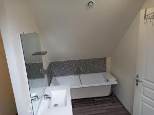 a bathroom with a tub and a sink and a mirror at Chez Jojo à St fraimbault in Saint-Fraimbault-de-Prières