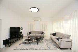 a living room with two couches and a tv at City center luxury apartment in Netanya in Netanya