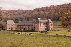 an old house in a field with cows in a field at "Chez la Joe" in Thélonne