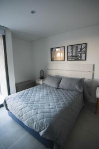 a bedroom with a large bed with two pictures on the wall at Del Cerro Alquiler Temporario in Tandil +12 photos