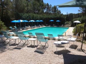 a swimming pool with chairs and blue umbrellas at La Cigalière in Le Beausset