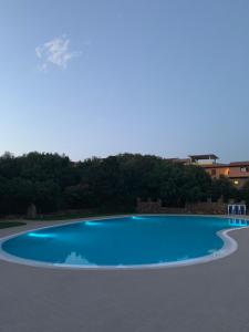 a large blue swimming pool with trees in the background at Appartamento Porto Rotondo Rudargia in Porto Rotondo