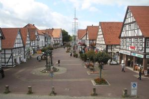 a street in a town with white and black buildings at Deutsches Haus in Springe