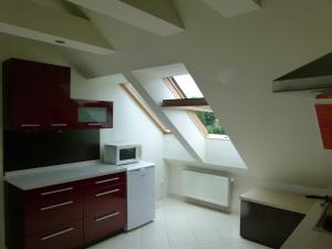 una cucina con frigorifero bianco e 2 finestre di Apartament BB koło Cerkwi a Krynica-Zdrój
