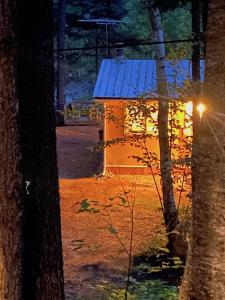 a building with a blue roof in the woods at night at Riverfront Rustic Cottage in Durham Bridge