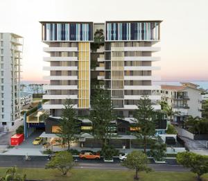 an architectural rendering of a tall apartment building at Rise Maroochydore in Maroochydore