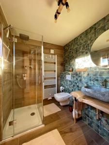 W łazience znajduje się prysznic, umywalka i toaleta. w obiekcie Neue Ferienwohnung direkt am Elberadweg w mieście Miśnia