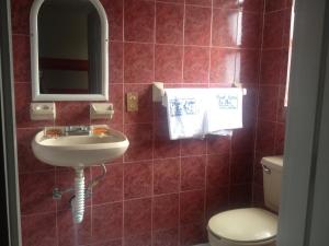 a bathroom with a sink and a toilet and a mirror at Hotel La Paz in Guadalajara