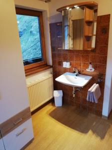a bathroom with a sink and a window at Landhaus Kohlstatt in Finkenberg