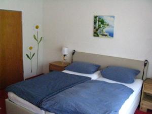 a bedroom with two beds with blue pillows at Bio-Hotel Zum Forsthaus in Altenau