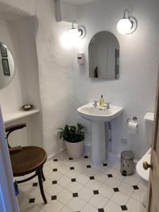 a bathroom with a sink and a toilet and a mirror at Splatthayes in Buckerell