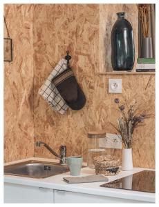 a kitchen counter top with a sink and a sink at Volvic Organic Resort in Volvic