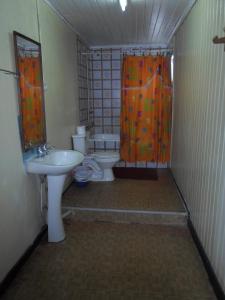 a bathroom with a toilet and a shower and a sink at Hospedaje Teresita in Puerto Montt
