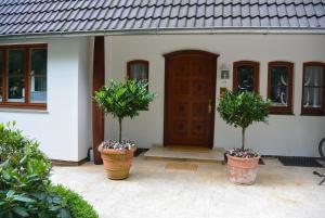 ein Haus mit zwei Topfpflanzen vor einer Tür in der Unterkunft Apartment am Park in Bremerhaven