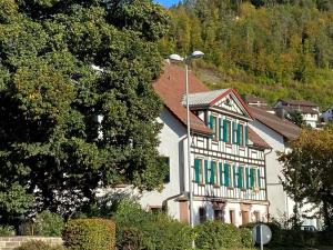 ein Haus mit grünen und weißen Fenstern auf einem Hügel in der Unterkunft Gästehaus Krone in Oberndorf