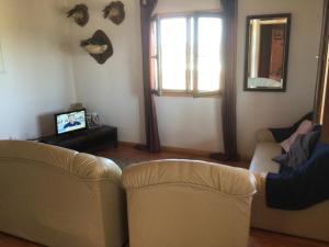 Sala de estar con 2 sofás y TV en casa peninsula caspe 1, en Caspe