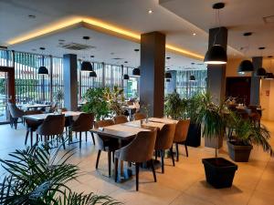 um restaurante com mesas de madeira, cadeiras e plantas em Hotel Imperiale em Oświecim