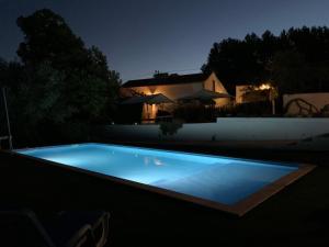 - une piscine la nuit avec une maison en arrière-plan dans l'établissement Quinta dos Girassóis FZ, à Ferreira do Zêzere
