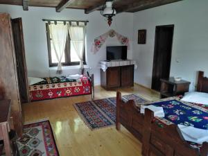 a living room with two beds and a television at Casuta din Valea Regilor in Grădiştea de Munte
