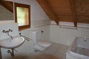 a bathroom with a white toilet and a sink at Rustikale und grosszügige Ferienwohnung in Kašperské Hory