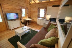 ein Wohnzimmer mit einem Sofa und einem TV in der Unterkunft Blockhaus Chalet mit eigenem Badefass und Infrarotsauna auf der Terrasse in Oberschützen