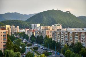 a city with buildings and a mountain in the background at Romantic Studio in Braşov