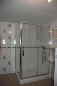 a shower with a glass door in a bathroom at Domček pod Starým mestom in Banská Štiavnica +27 photos