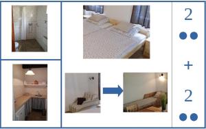 a collage of four pictures of a room at Ninszianna Apartman in Hegyhátszentjakab