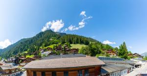 a view of a town with a mountain in the background at Hotel Viktoria Eden in Adelboden