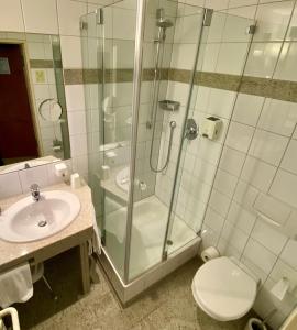 a bathroom with a shower and a toilet and a sink at Malerwinkel Hotel in Bergisch Gladbach