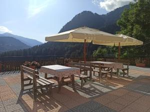 dos mesas de picnic y una sombrilla en un patio en Albergo Miravalle, en Forni Avoltri