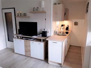 a kitchen with a sink and a tv on a counter at Zobel Ferienwohnungen in Altenau