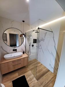 W łazience znajduje się umywalka i lustro. w obiekcie Kima Apartament Bażantów 29 w mieście Katowice