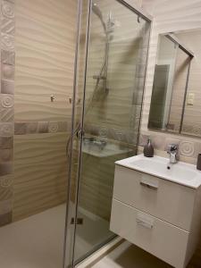 uma casa de banho com um chuveiro e um lavatório. em Studio Via Pontica em Varna City