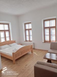 a bedroom with a bed and a couch and windows at Apartmani Aleksandar in Nevesinje