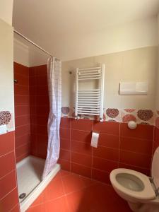 ein rotes Bad mit einem WC und einer Dusche in der Unterkunft Monolocale Sant'Andrea in Palermo