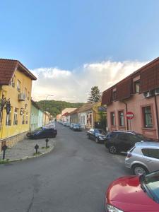 a street with cars parked on the side of the road at Casa Pino in Braşov