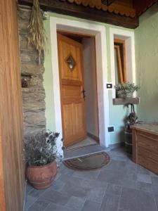 uma porta da frente de uma casa com dois vasos de plantas em Val di Cogne Il Grand Nomenon em Aymavilles