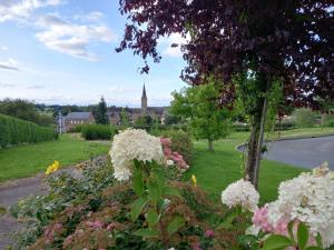a garden with flowers and a church in the background at Chez Jojo à St fraimbault in Saint-Fraimbault-de-Prières