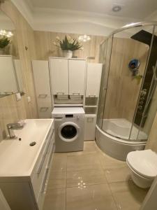 a bathroom with a washing machine and a sink at Rezydencja Sara in Międzyzdroje