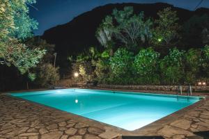 a swimming pool in a garden at night at Dimoulitsa Villas Complex in Doukádes
