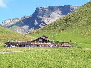 ベッケンリートにあるALP Klewenalp Ausflugs-Ski-Pistenhotel Klewenstockの山を背景にした畑の建物