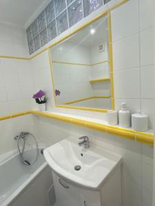 ein Badezimmer mit einem Waschbecken, einem Spiegel und einer Badewanne in der Unterkunft Apartmán Štrbské Pleso in Štrbské Pleso