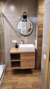 a bathroom with a sink and a mirror at Karpacz Apartament Chabrowy in Karpacz